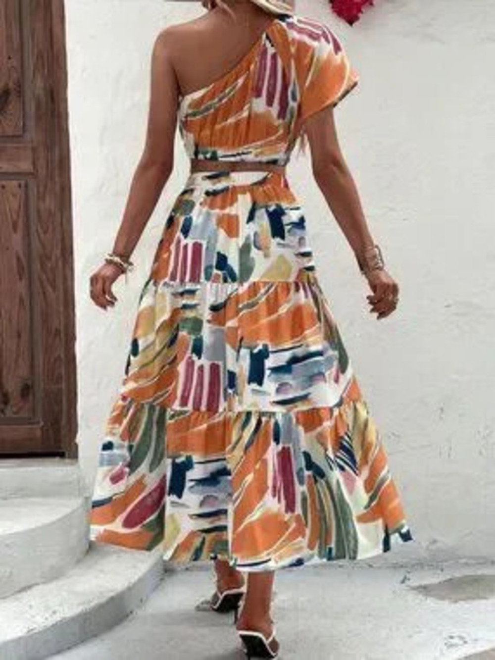 Multicolor Boho Women's Print Crop One Shoulder Blouse & Maxi Skirt
